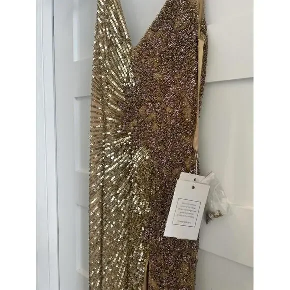 $598 Mac Duggal 5473 High Slit Embellished Sequins Dress Gold Size 8 NWT - Picture 6 of 16